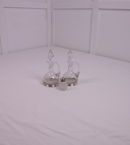 Flacons huile et vinaigre en cristal, base argentée (2 pièces) et salière